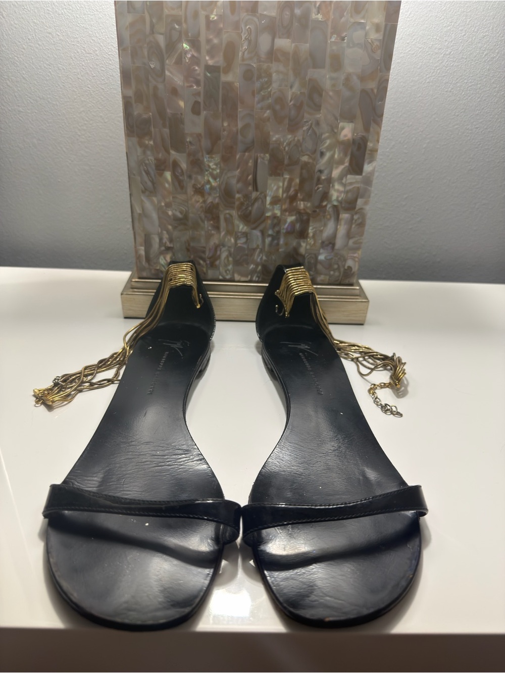 Giuseppe Zanotti Black Leather Flat Sandals with Gold Chain Anklet